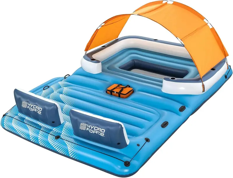 Tropical Breeze Inflatable Floating Island – 6-Person Lounging Platform with Removable Shade, Cooler Bag, and Ergonomic Build