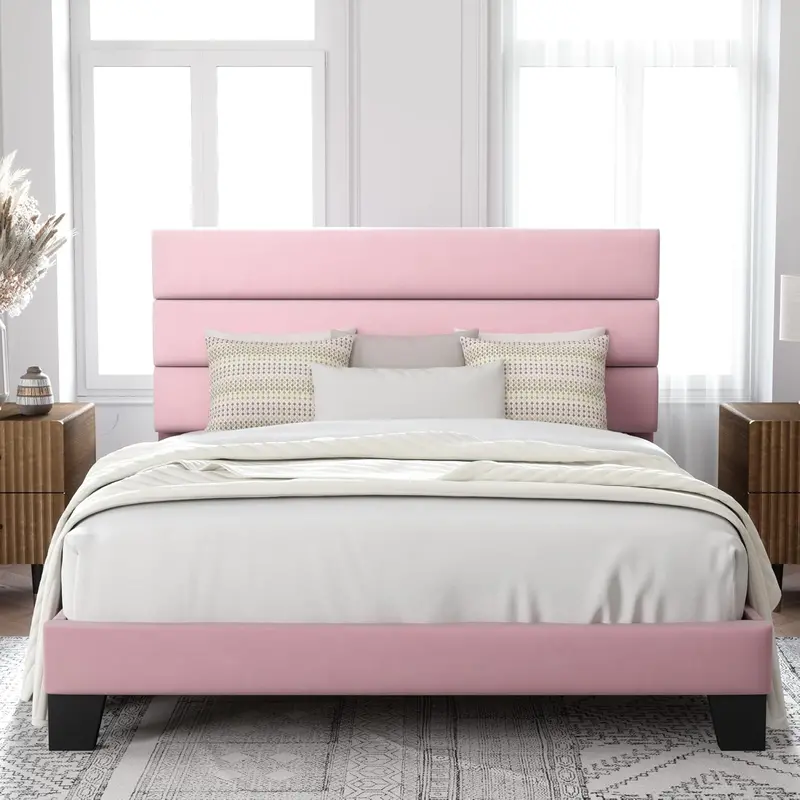 Upholstered Queen Platform Bed – Soft-Fabric Headboard Frame with Reinforced Solid Wood Slats