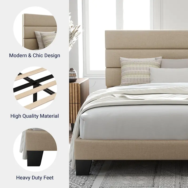 Upholstered Queen Platform Bed – Soft-Fabric Headboard Frame with Reinforced Solid Wood Slats