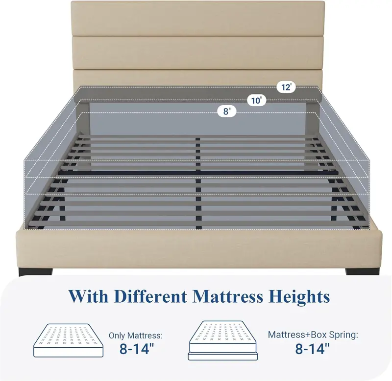 Upholstered Queen Platform Bed – Soft-Fabric Headboard Frame with Reinforced Solid Wood Slats