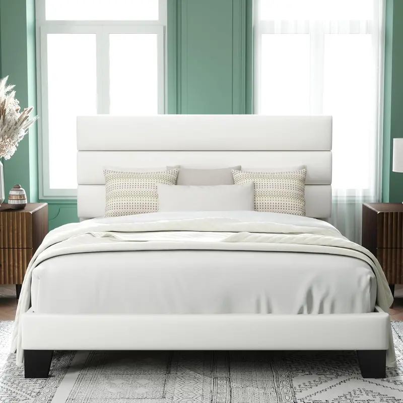 Upholstered Queen Platform Bed – Soft-Fabric Headboard Frame with Reinforced Solid Wood Slats