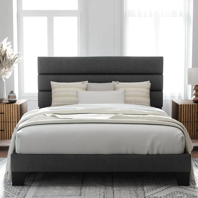 Upholstered Queen Platform Bed – Soft-Fabric Headboard Frame with Reinforced Solid Wood Slats