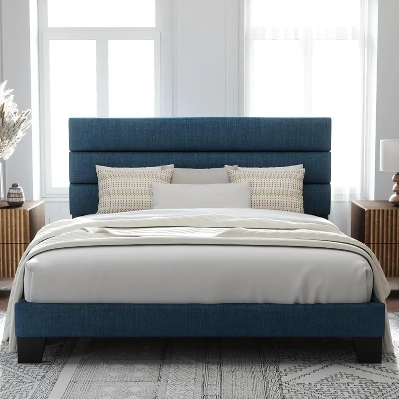 Upholstered Queen Platform Bed – Soft-Fabric Headboard Frame with Reinforced Solid Wood Slats
