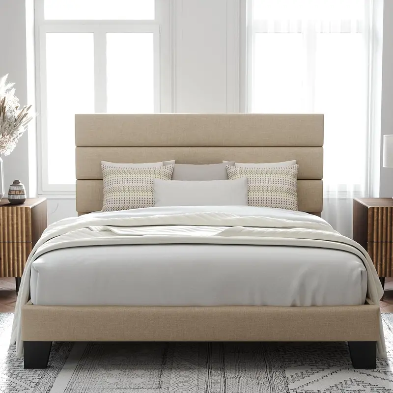 Upholstered Queen Platform Bed – Soft-Fabric Headboard Frame with Reinforced Solid Wood Slats