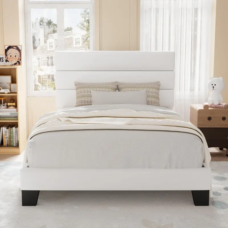 Upholstered Queen Platform Bed – Soft-Fabric Headboard Frame with Reinforced Solid Wood Slats
