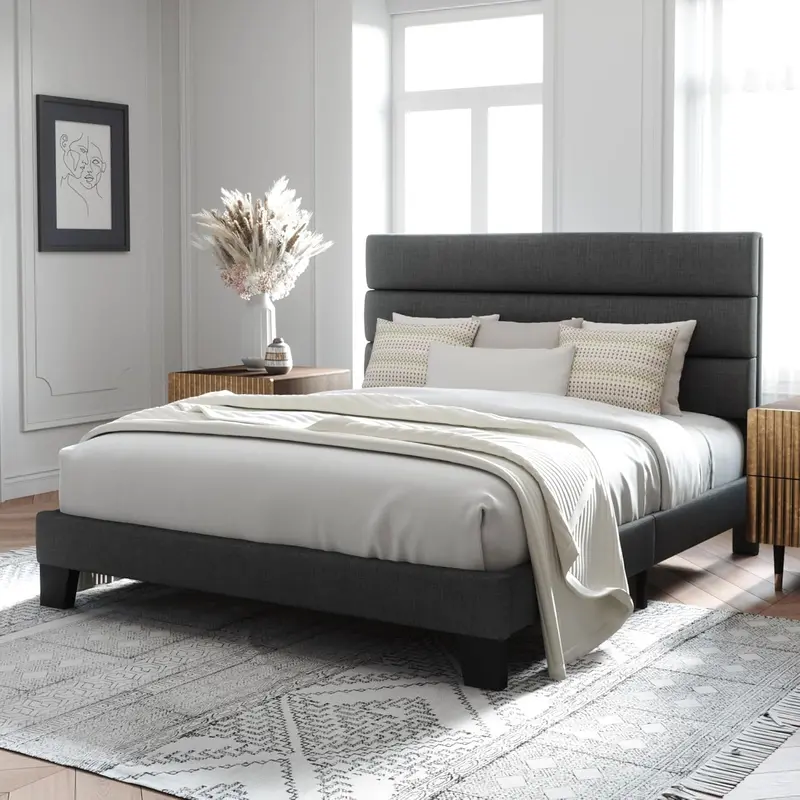 Upholstered Queen Platform Bed – Soft-Fabric Headboard Frame with Reinforced Solid Wood Slats
