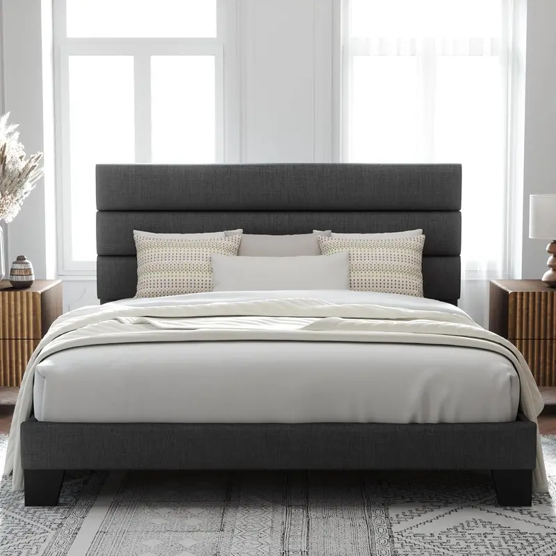 Upholstered Queen Platform Bed – Soft-Fabric Headboard Frame with Reinforced Solid Wood Slats 2