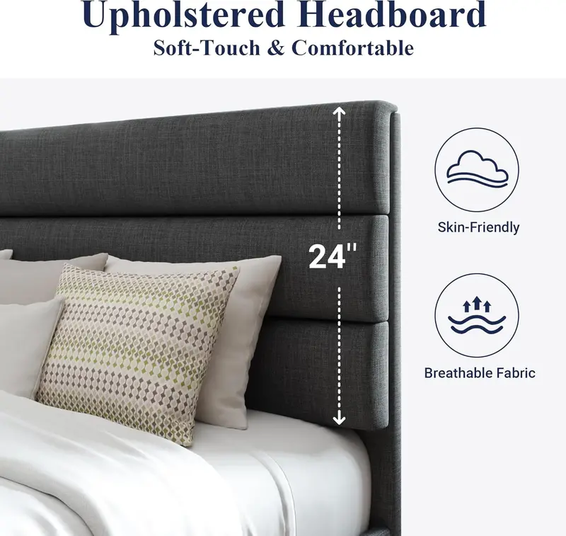 Upholstered Queen Platform Bed – Soft-Fabric Headboard Frame with Reinforced Solid Wood Slats