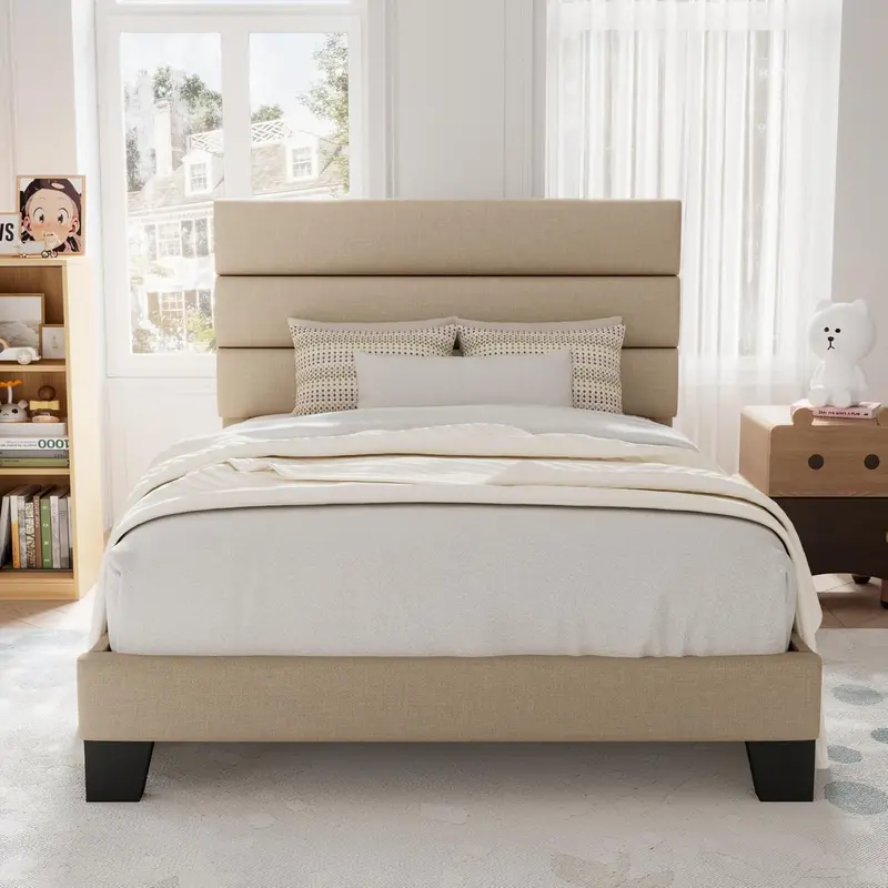 Upholstered Queen Platform Bed – Soft-Fabric Headboard Frame with Reinforced Solid Wood Slats