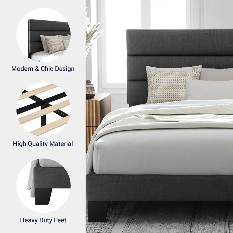 Upholstered Queen Platform Bed – Soft-Fabric Headboard Frame with Reinforced Solid Wood Slats