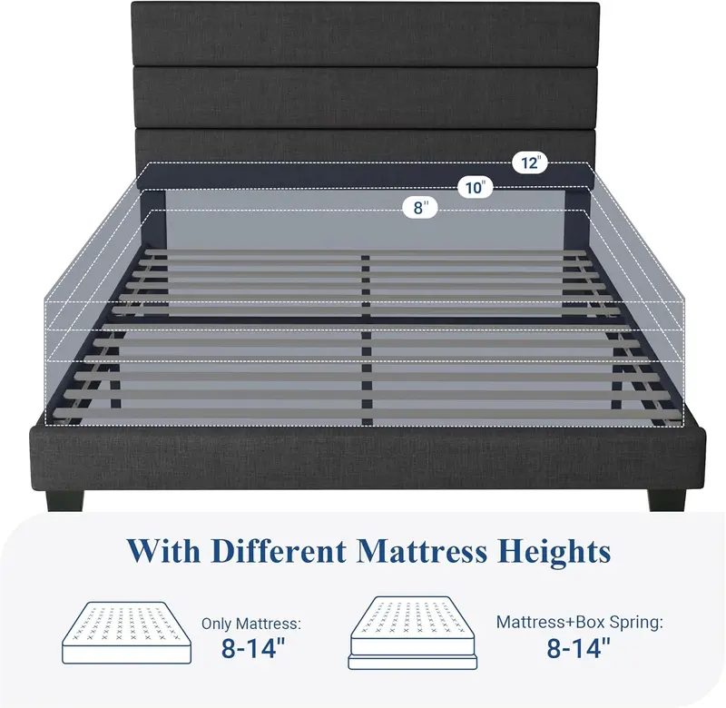 Upholstered Queen Platform Bed – Soft-Fabric Headboard Frame with Reinforced Solid Wood Slats