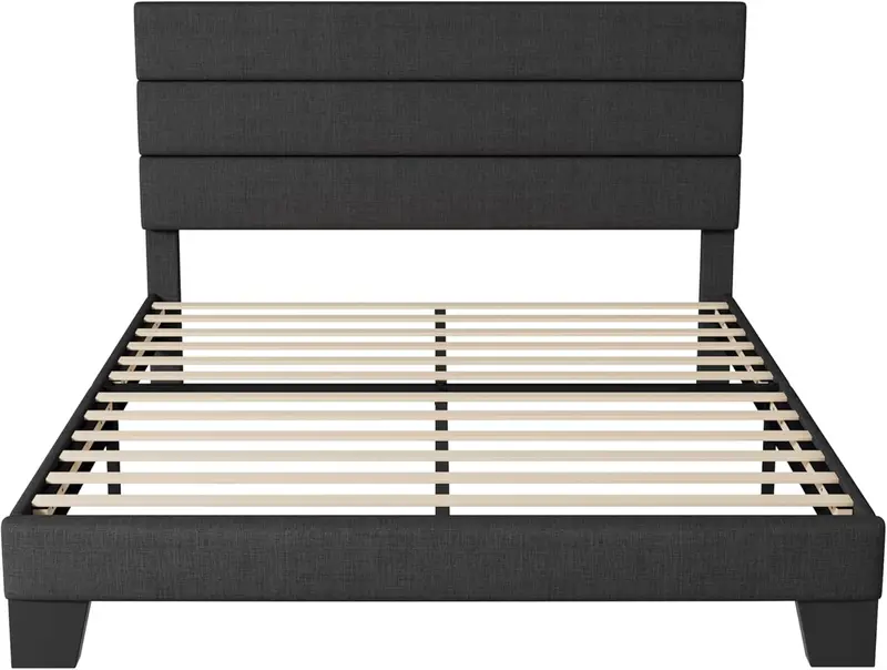 Upholstered Queen Platform Bed – Soft-Fabric Headboard Frame with Reinforced Solid Wood Slats