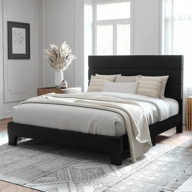 Upholstered Queen Platform Bed – Soft-Fabric Headboard Frame with Reinforced Solid Wood Slats