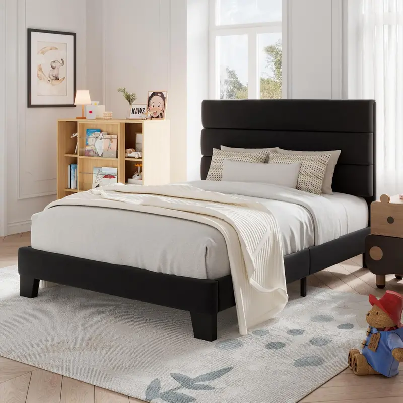 Upholstered Queen Platform Bed – Soft-Fabric Headboard Frame with Reinforced Solid Wood Slats