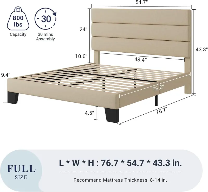Upholstered Queen Platform Bed – Soft-Fabric Headboard Frame with Reinforced Solid Wood Slats