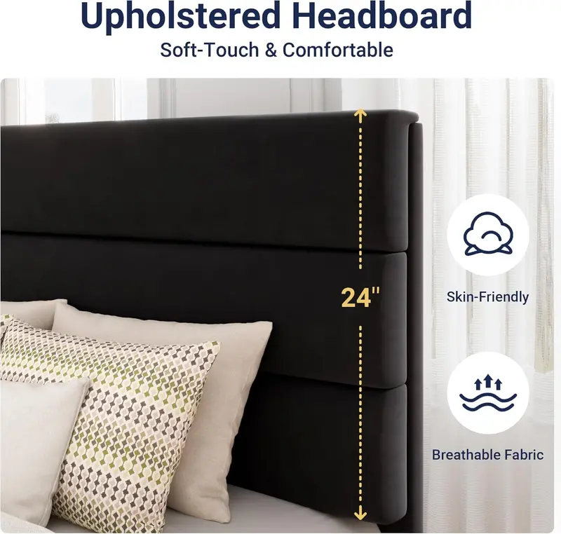 Upholstered Queen Platform Bed – Soft-Fabric Headboard Frame with Reinforced Solid Wood Slats