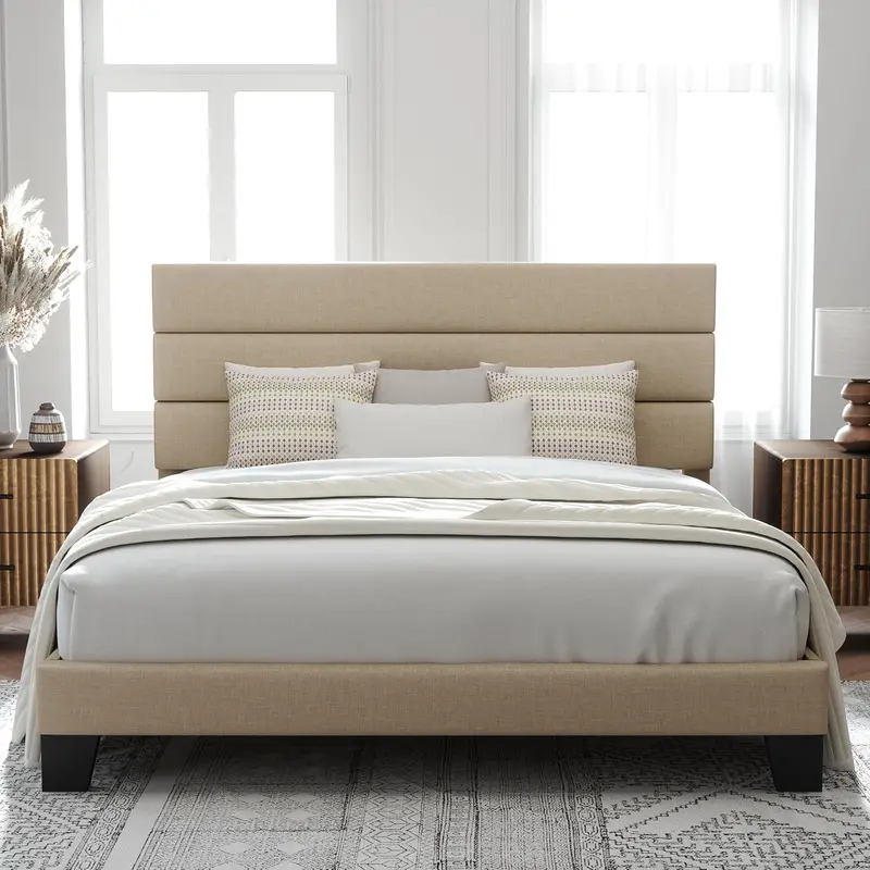 Upholstered Queen Platform Bed – Soft-Fabric Headboard Frame with Reinforced Solid Wood Slats