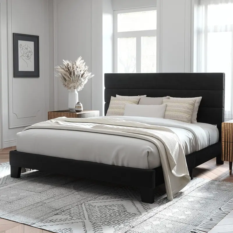 Upholstered Queen Platform Bed – Soft-Fabric Headboard Frame with Reinforced Solid Wood Slats
