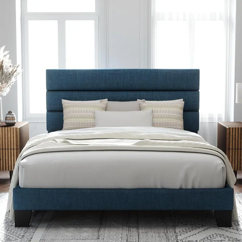 Upholstered Queen Platform Bed – Soft-Fabric Headboard Frame with Reinforced Solid Wood Slats