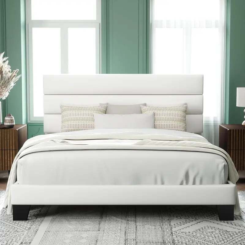 Upholstered Queen Platform Bed – Soft-Fabric Headboard Frame with Reinforced Solid Wood Slats