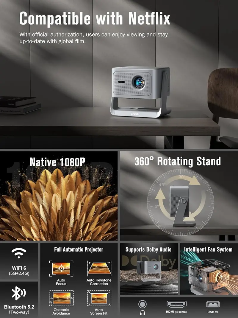 VISSPL 4K Dolby Audio Smart Projector – Auto Focus, 3D Ready, Seamless WiFi Connectivity