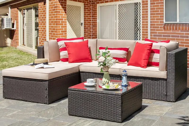 Vongrasig Beige 5-Piece All-Weather Patio Sectional – PE Rattan Sofa with Ottoman, Tempered Glass Table, and Coordinated Cushions 2