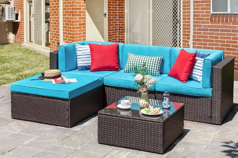 Vongrasig Beige 5-Piece All-Weather Patio Sectional – PE Rattan Sofa with Ottoman, Tempered Glass Table, and Coordinated Cushions