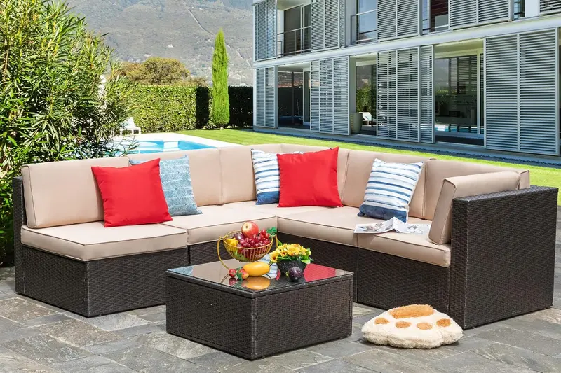 Vongrasig Beige 5-Piece All-Weather Patio Sectional – PE Rattan Sofa with Ottoman, Tempered Glass Table, and Coordinated Cushions