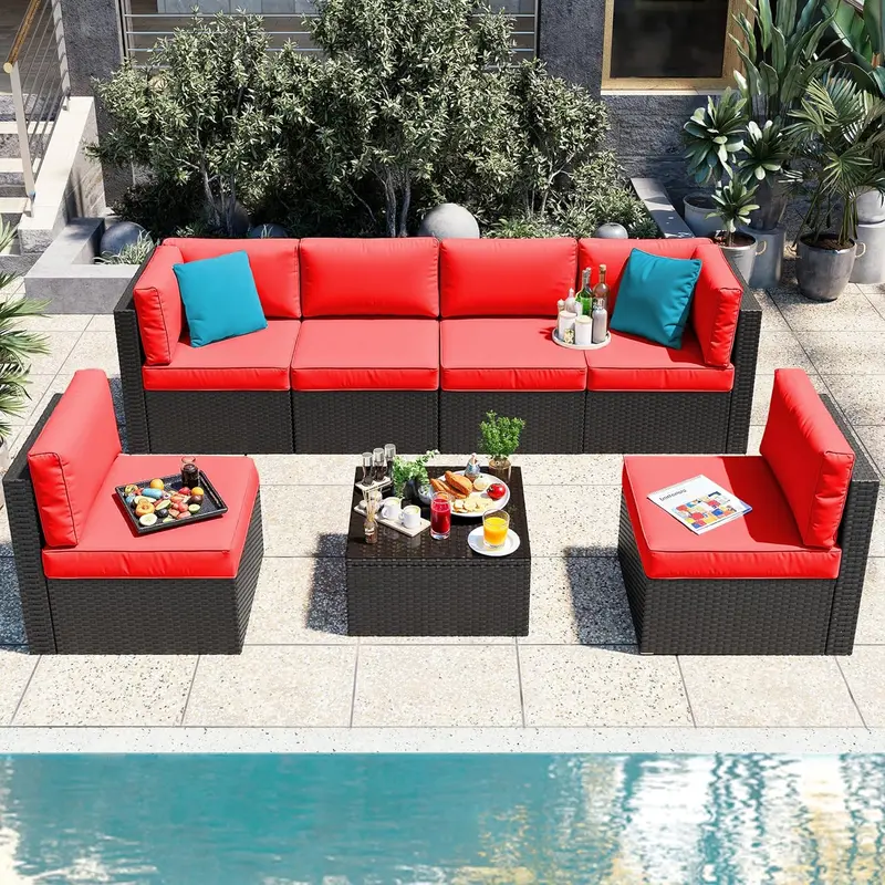 Vongrasig Beige 5-Piece All-Weather Patio Sectional – PE Rattan Sofa with Ottoman, Tempered Glass Table, and Coordinated Cushions