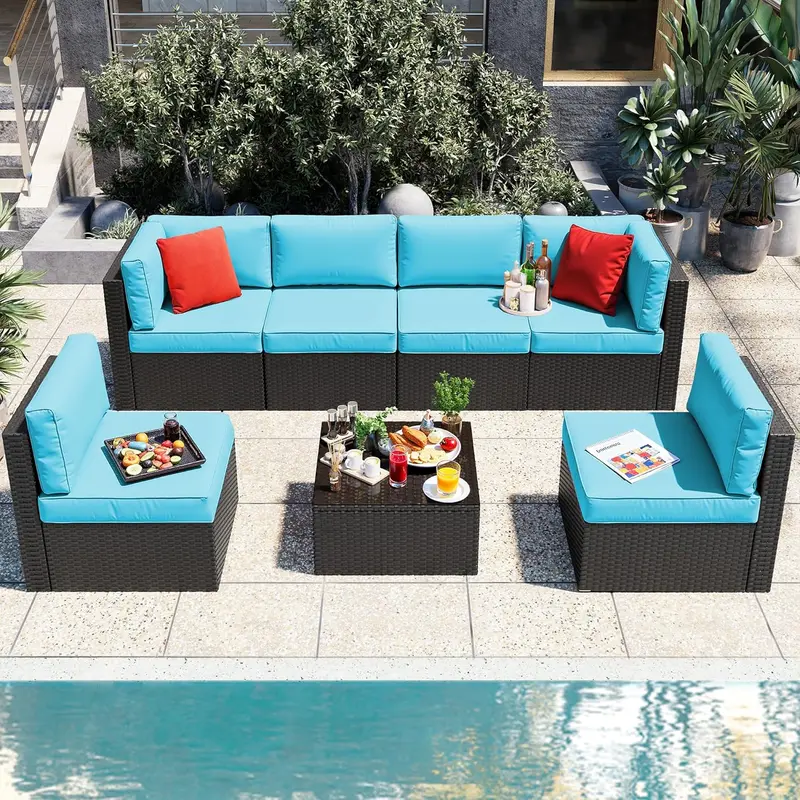 Vongrasig Beige 5-Piece All-Weather Patio Sectional – PE Rattan Sofa with Ottoman, Tempered Glass Table, and Coordinated Cushions
