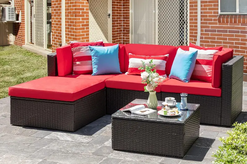 Vongrasig Beige 5-Piece All-Weather Patio Sectional – PE Rattan Sofa with Ottoman, Tempered Glass Table, and Coordinated Cushions