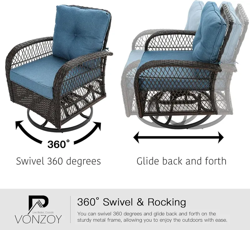 VONZOY 3-Piece Outdoor Rocking Chair Set with Plush Thick Cushions