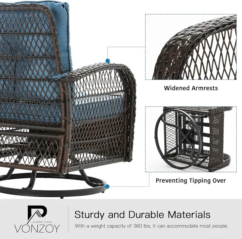VONZOY 3-Piece Outdoor Rocking Chair Set with Plush Thick Cushions