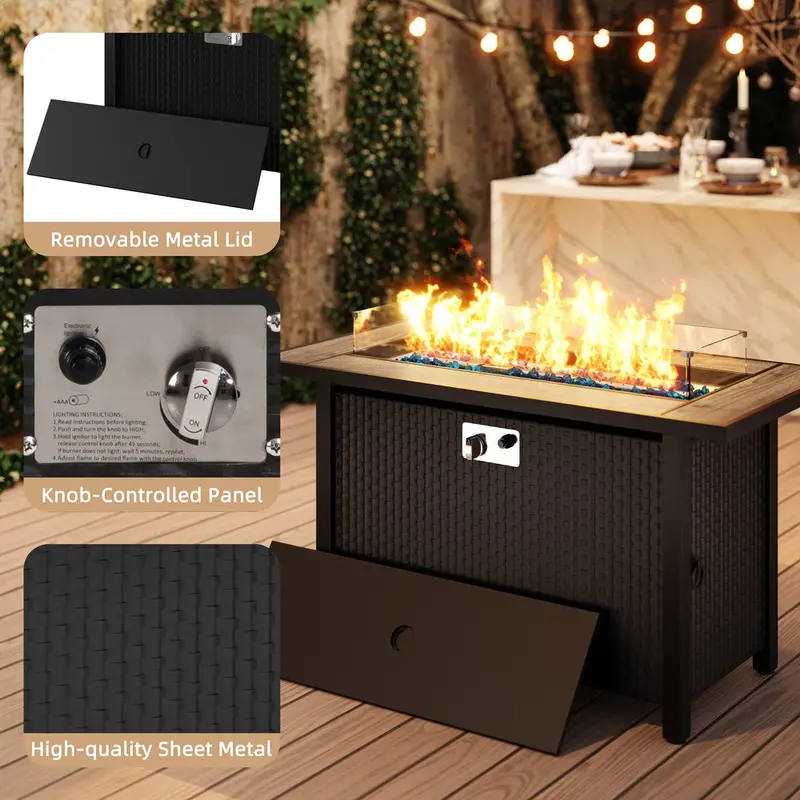 Walsunny 45-Inch Propane Fire Pit Table – 50,000 BTU Rattan Patio Fire Table with Wind Guard & Storage Lid