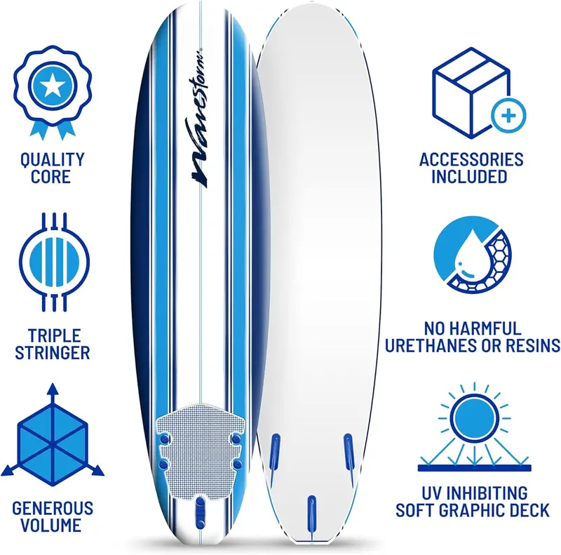 Wavestorm 7ft Soft Top Foam Surfboard: Beginner-Friendly Complete Package with Leash, Removable Fins, and Durable Heat-Laminated Build