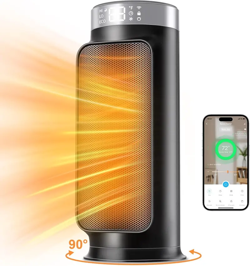 WiFi-Enabled PTC Space Heater – 1500W Output, 90° Oscillation, Five Heating Modes, and Dual Safety Sensors