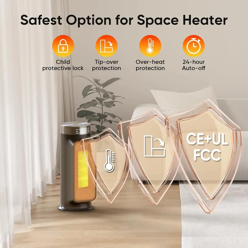 WiFi-Enabled PTC Space Heater – 1500W Output, 90° Oscillation, Five Heating Modes, and Dual Safety Sensors