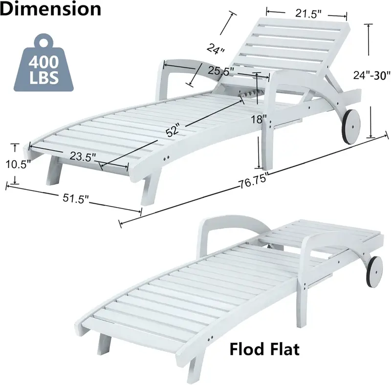 Wooden 4-Piece Chaise Lounge Set – Five-Angle Reclining Chairs with Integrated Pull-Out Side Tables