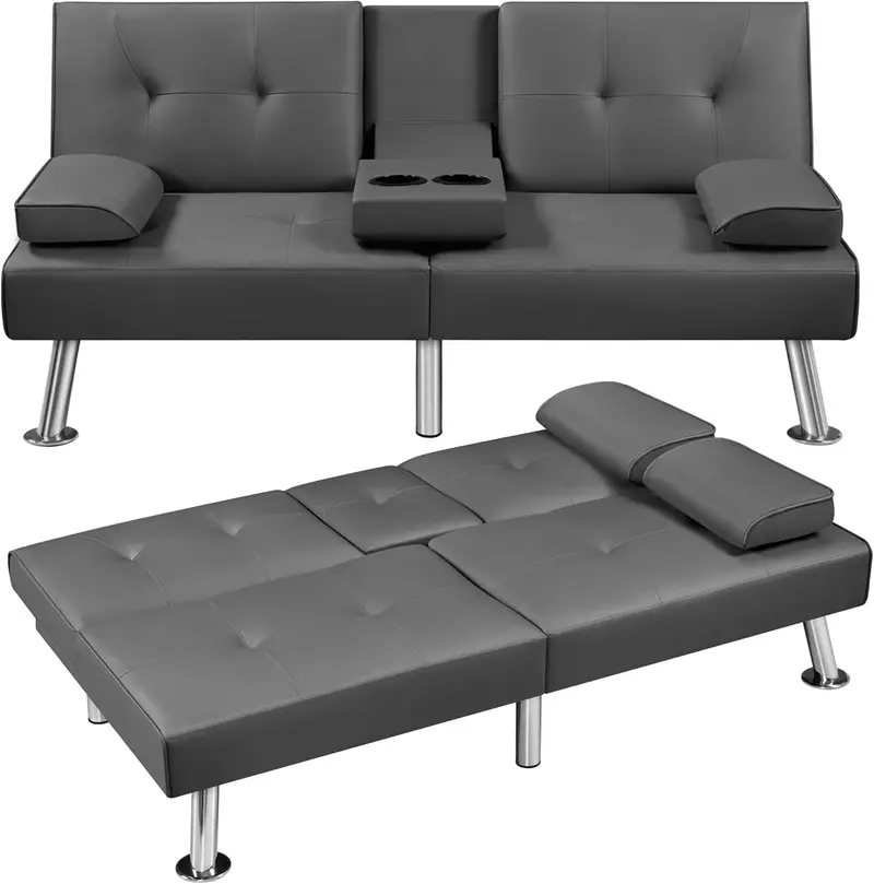 Yaheetech Reversible Faux Leather Loveseat – Folding Sofa Bed with 3 Recline Positions
