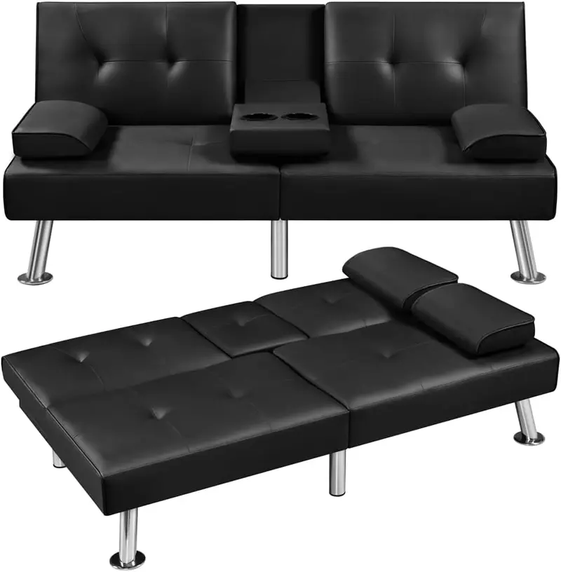Yaheetech Reversible Faux Leather Loveseat – Folding Sofa Bed with 3 Recline Positions