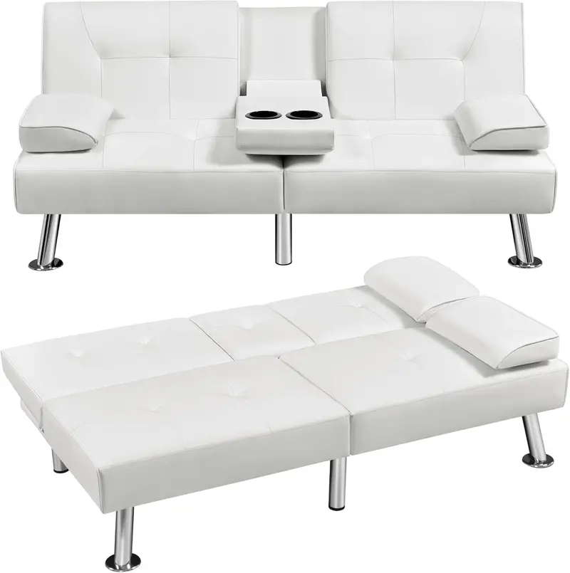 Yaheetech Reversible Faux Leather Loveseat – Folding Sofa Bed with 3 Recline Positions