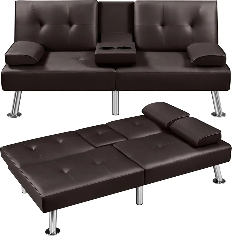 Yaheetech Reversible Faux Leather Loveseat – Folding Sofa Bed with 3 Recline Positions