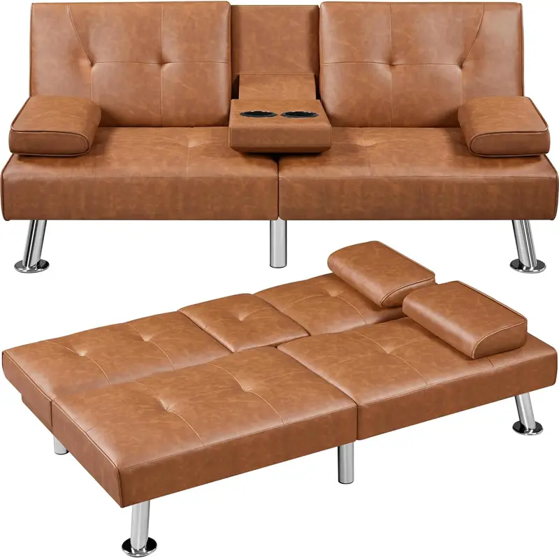 Yaheetech Reversible Faux Leather Loveseat – Folding Sofa Bed with 3 Recline Positions